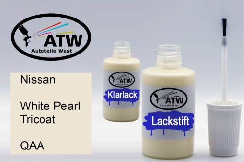 Nissan, White Pearl Tricoat, QAA: 20ml Lackstift + 20ml Klarlack - Set, von ATW Autoteile West.